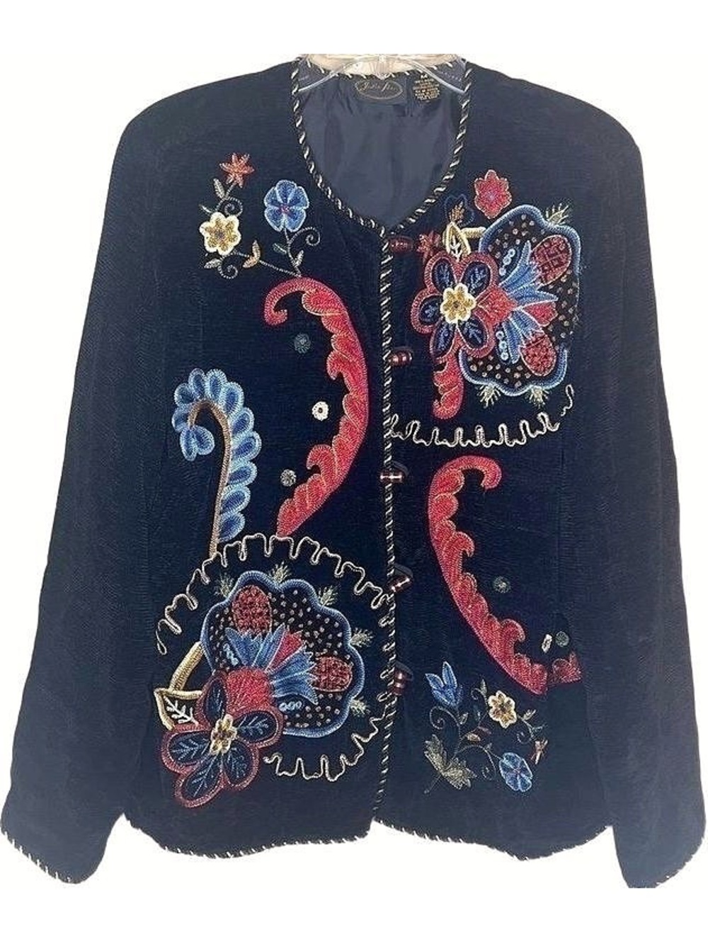 Vintage 90's Julia Kim Chenille Jacket Floral Embroidered Art to Wear Medium